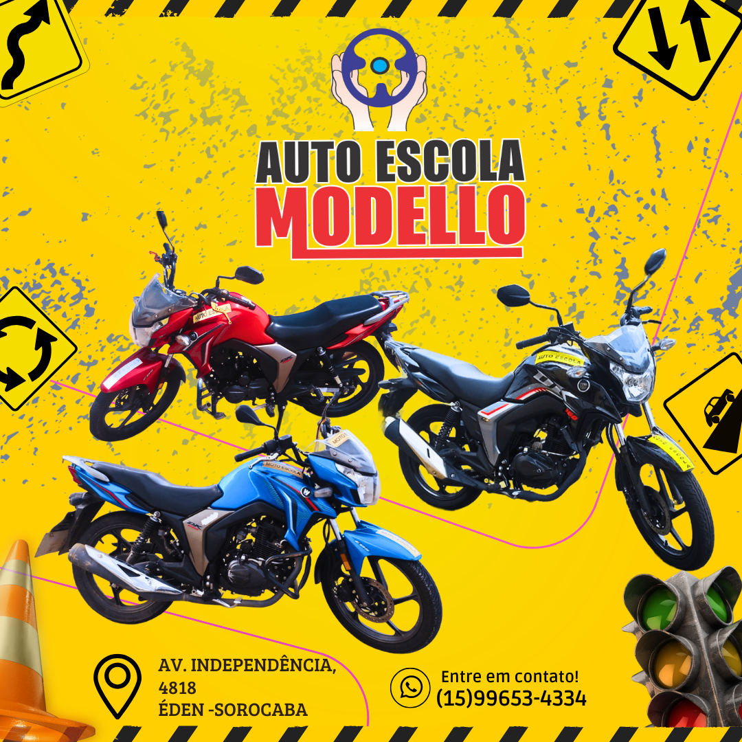 Frota de motos Honda da Auto Escola Modello — vermelha, preta e azul